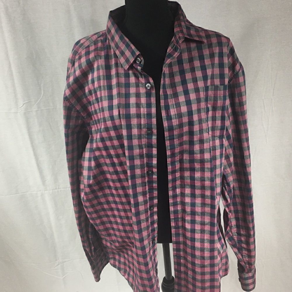 Claiborne 2XL stretch buttoned shirt purple black gingham print long sleeves